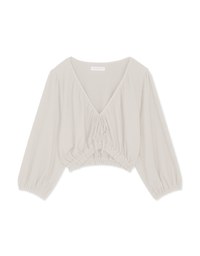 V Neck Creased Puff Sleeve Tie Ribbon Crop Top