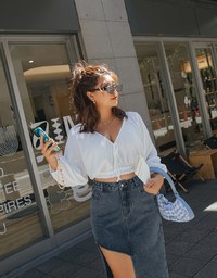 V Neck Creased Puff Sleeve Tie Ribbon Crop Top