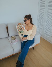 Square Neck Pearl Button Puff Sleeve Top