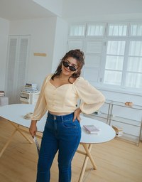 Square Neck Pearl Button Puff Sleeve Top