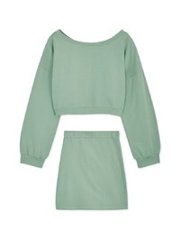Slant Shoulder Wrinkle Slit Elastic Skirt Setwear