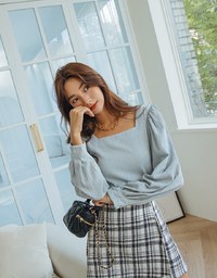 Square-Neck Puff-Sleeve Embossed Top