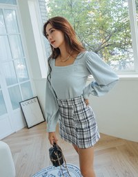Square-Neck Puff-Sleeve Embossed Top