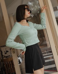 Square Neck Embossed Button Crop Top