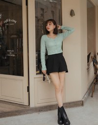 Square Neck Embossed Button Crop Top