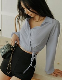 Overlap Lapel Tie Ribbon Crop Top