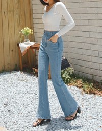Side Buttoned Denim Jeans Flare Pants