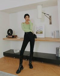 Side Button High Waisted Slim Fit Denim Jeans Pants
