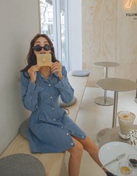Buttoned Pleated Denim Jeans Shirt Dress