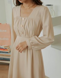 Square Neck Buttoned Mini Flare Dress