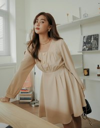 Square Neck Buttoned Mini Flare Dress