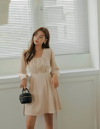 Square Neck Buttoned Mini Flare Dress