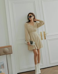 Square Neck Buttoned Mini Flare Dress