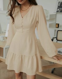 V Neck Back Tie Ribbon Puff Sleeve Mini Dress