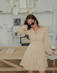 V Neck Back Tie Ribbon Puff Sleeve Mini Dress