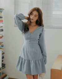 V Neck Back Tie Ribbon Puff Sleeve Mini Dress