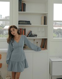 V Neck Back Tie Ribbon Puff Sleeve Mini Dress