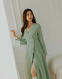 V Neck Overlap Buttoned Maxi Flare Dress