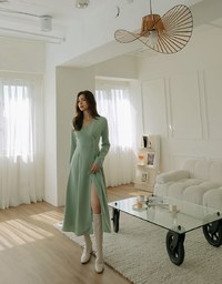 V Neck Overlap Buttoned Maxi Flare Dress
