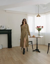 V Neck Overlap Buttoned Maxi Flare Dress