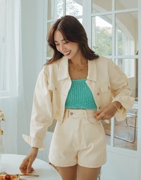 Button-Down Crop Denim Jeans Blazer Jacket