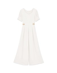Retro Pleated Puff Sleeve Wide Leg Jumpsuit