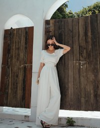 Retro Pleated Puff Sleeve Wide Leg Jumpsuit