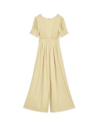 Retro Pleated Puff Sleeve Wide Leg Jumpsuit