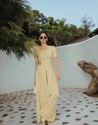 Retro Pleated Puff Sleeve Wide Leg Jumpsuit