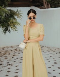 Retro Pleated Puff Sleeve Wide Leg Jumpsuit