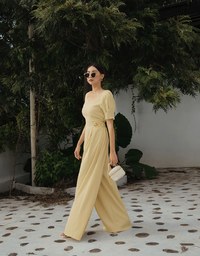 Retro Pleated Puff Sleeve Wide Leg Jumpsuit