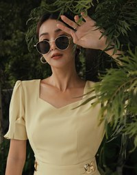 Retro Pleated Puff Sleeve Wide Leg Jumpsuit