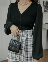 V Neck Splice Mesh Buttoned Knit Top