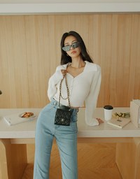 Buttoned Lapel Knit Crop Top