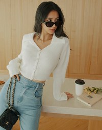 Buttoned Lapel Knit Crop Top