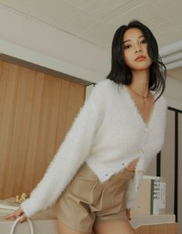 V Neck Gold Button Shoulder Padded Sweater