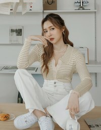 Lapel Collar Striped Button Down Crop Knit Top