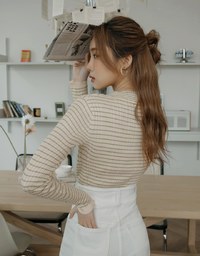 Lapel Collar Striped Button Down Crop Knit Top