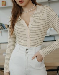 Lapel Collar Striped Button Down Crop Knit Top