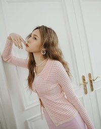 Lapel Collar Striped Button Down Crop Knit Top