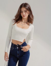 U Collar Slit Knit Short Version Of The Blouse Shirt
