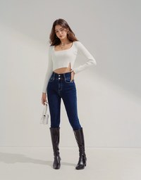 U Collar Slit Knit Short Version Of The Blouse Shirt