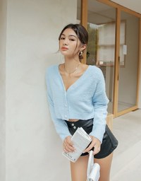 [I'M Meme] V-Neck Tweed Button-Down Loose Knit Top