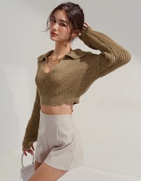 Textured Chunky Crochet Lapel Crop Top
