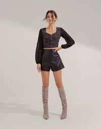Chic Round Button Long-Sleeved Top