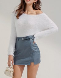 Stitching Slit Faux Leather Skirt (With Belt)