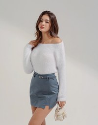 Stitching Slit Faux Leather Skirt (With Belt)
