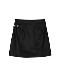 Side Button Slit Faux Leather Skirt