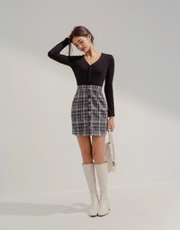 Chic Weave Pattern Patchwork Button Knit Mini Dress