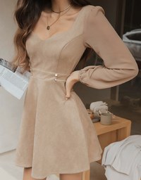 Square-Neck Bead-Button Stitched Suede Mini Dress